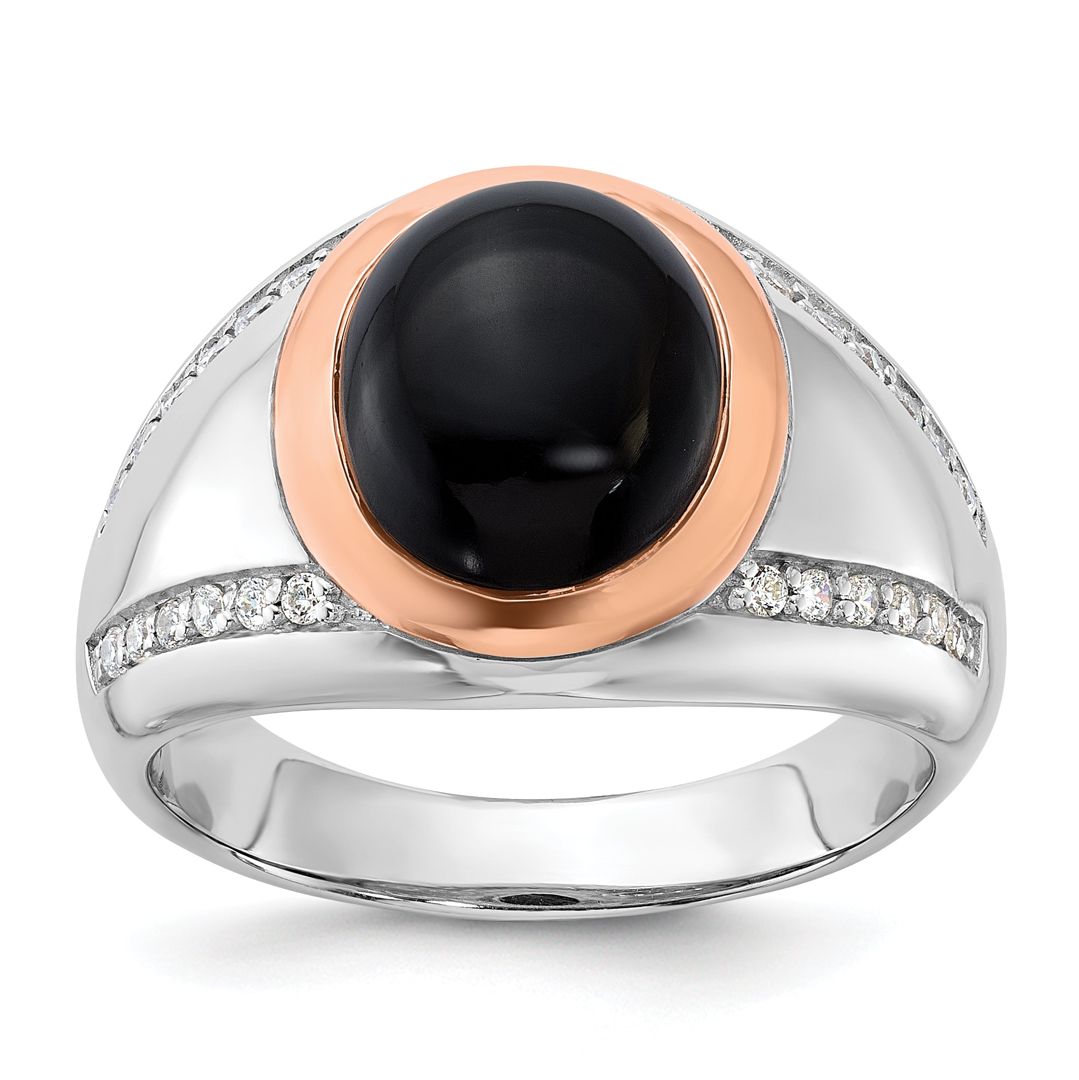 Sterling Silver RH-plated Rose Gold-plated Onyx and CZ Ring Main image