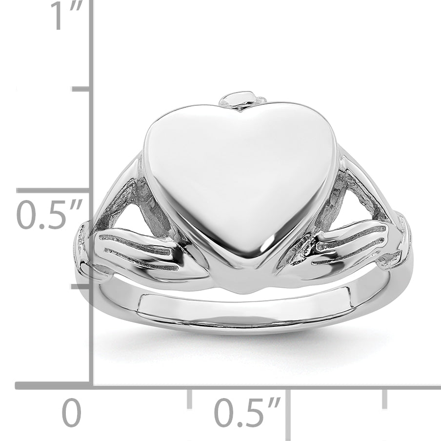 Sterling Silver Rhodium-plated Polished Claddagh Heart Ash Holder Size 8 Ring