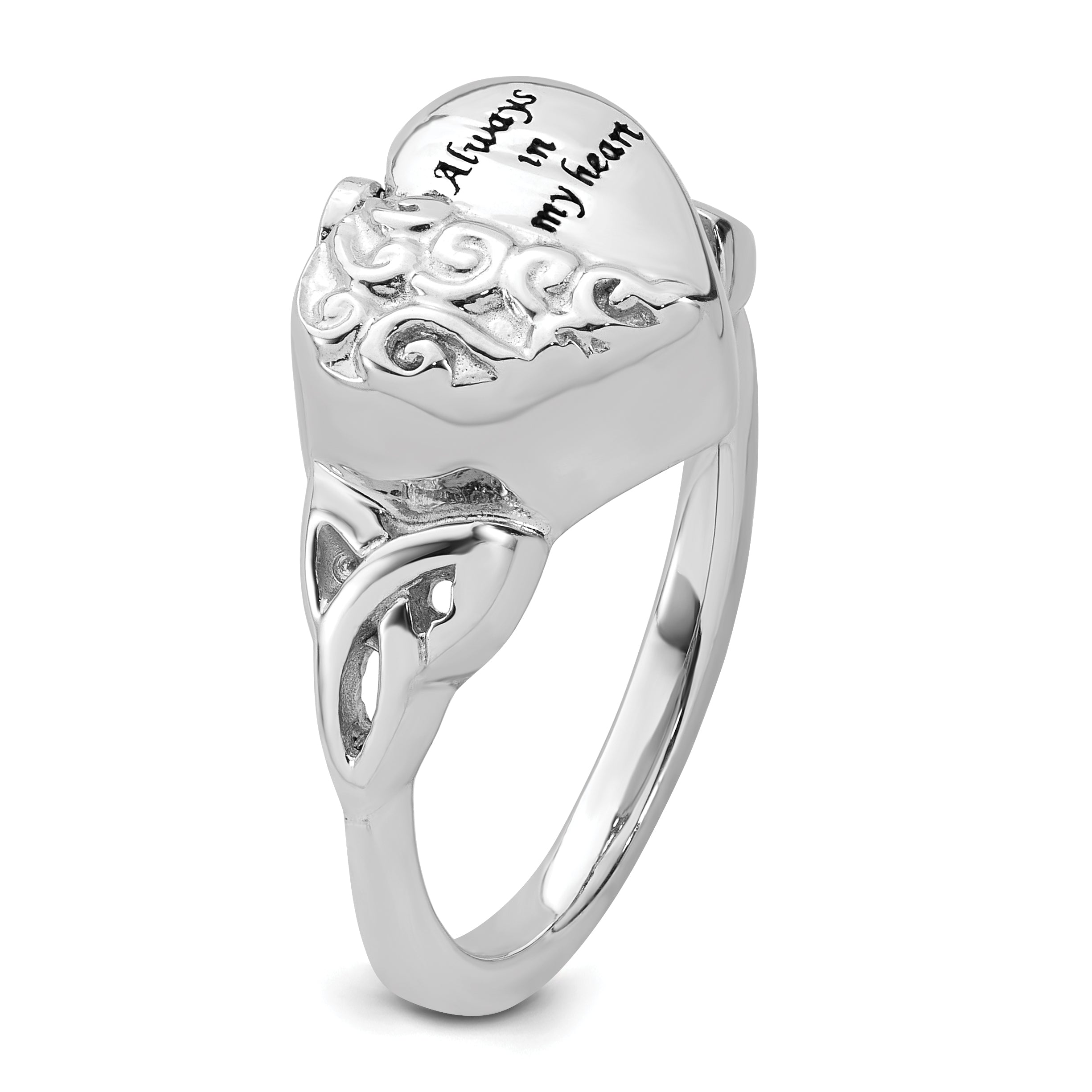 Sterling Silver Rhod-plated Enameled Celtic Knot Heart ALWAYS IN MY HEART Ash Holder Size 8 Ring
