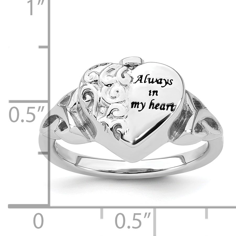 Sterling Silver Rhod-plated Enameled Celtic Knot Heart ALWAYS IN MY HEART Ash Holder Size 8 Ring