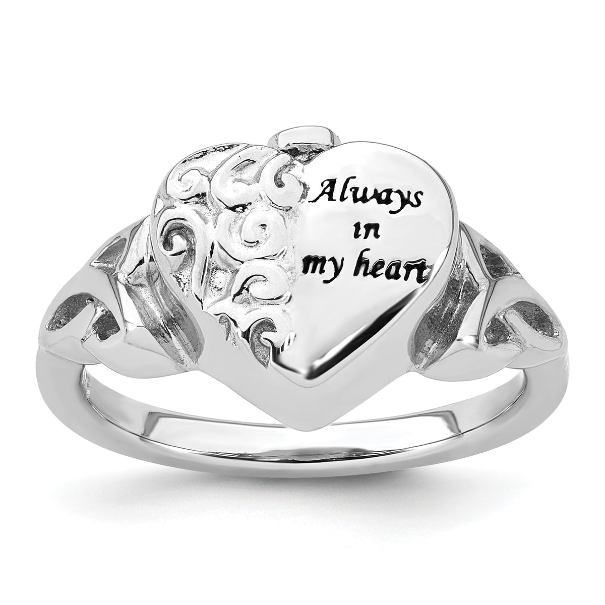 Sterling Silver Rhod-plated Enameled Celtic Knot Heart ALWAYS IN MY HEART Ash Holder Size 8 Ring