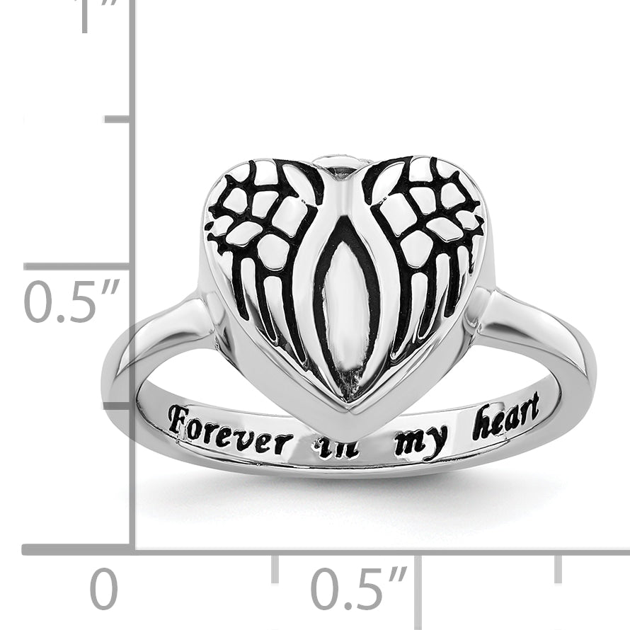Sterling Silver Rhodium-plated Enameled Heart With Wings FOREVER IN MY HEART (Inside) Ash Holder Size 8 Ring