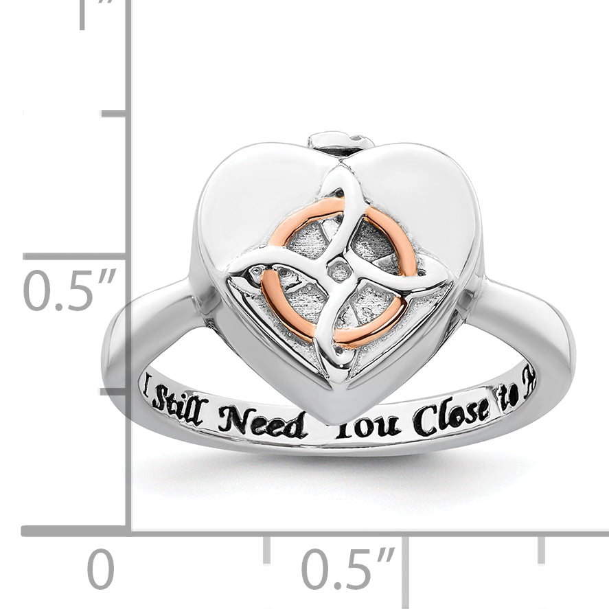 Sterling Silver Rhodium-plated with Rose-tone Circle Celtic Heart I STILL NEED YOU CLOSE TO ME (Inside) Ash Holder Size 8 Ring