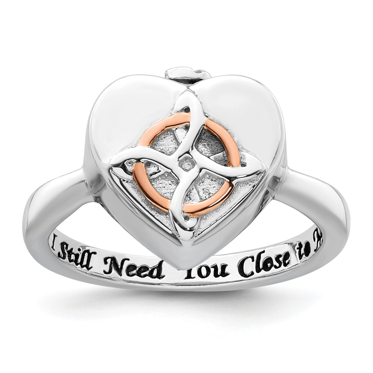 Sterling Silver Rhodium-plated with Rose-tone Circle Celtic Heart I STILL NEED YOU CLOSE TO ME (Inside) Ash Holder Size 8 Ring