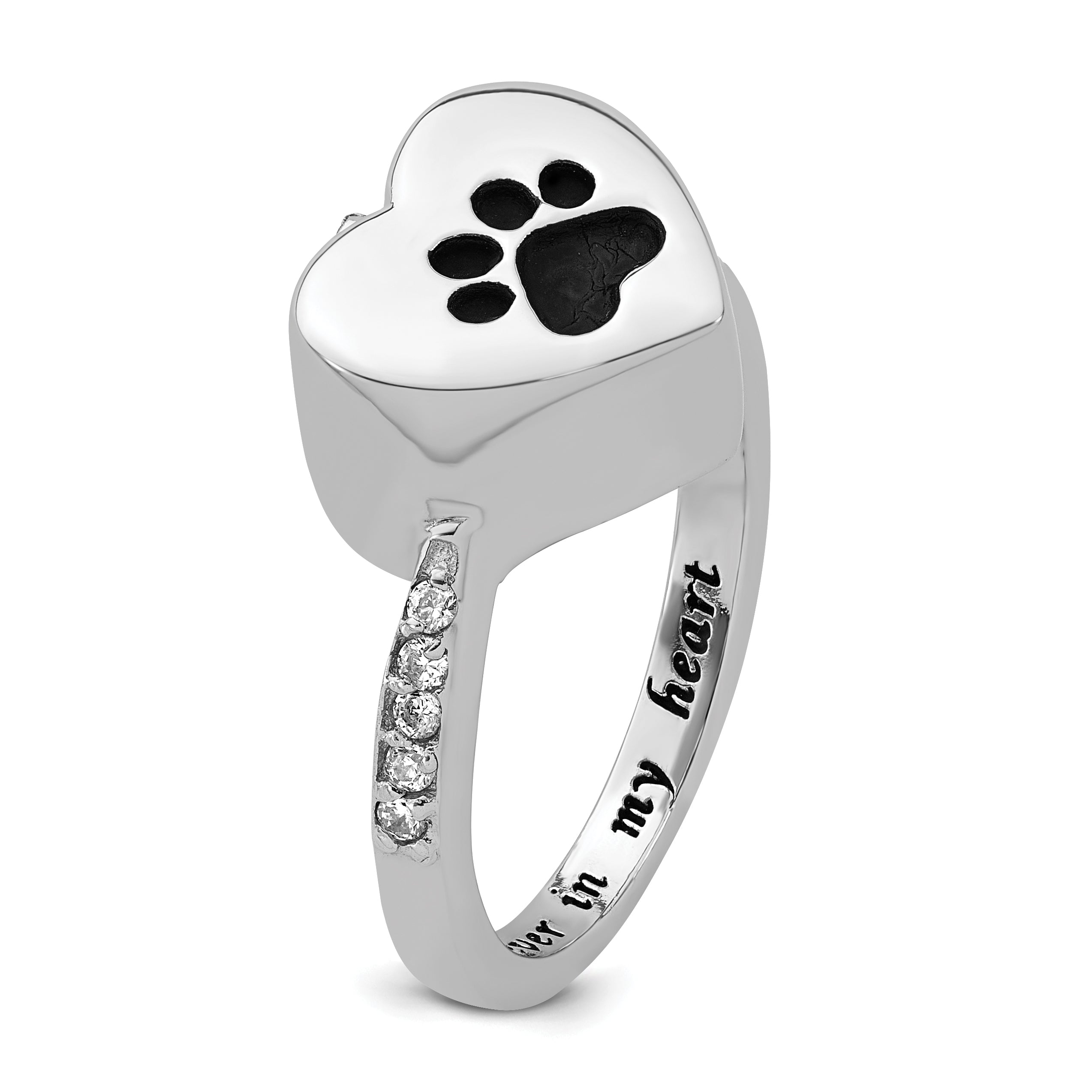 Sterling Silver Rhodium-plated CZ Shank Heart Enameled Paw Print FOREVER IN MY HEART (Inside) Ash Holder Size 8 Ring