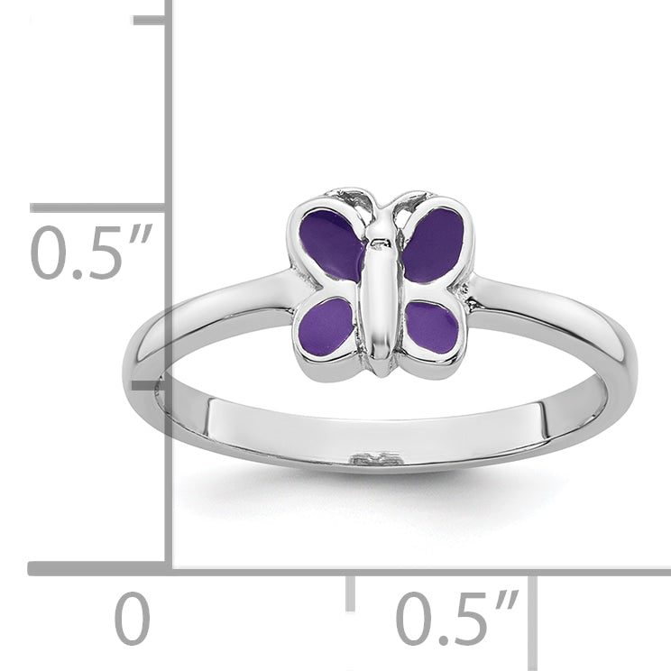 Sterling Silver Rhodium-plated Children's Size 4 Purple Enamel Butterfly Ring