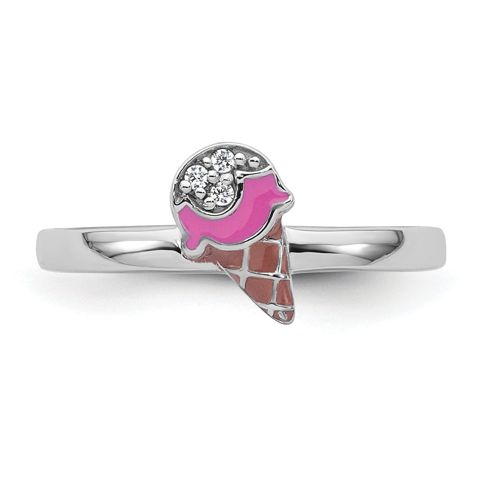Sterling Silver Rhodium-plated Children's Size 4 Pink and Brown Enamel with CZ Ice Cream Cone Ring