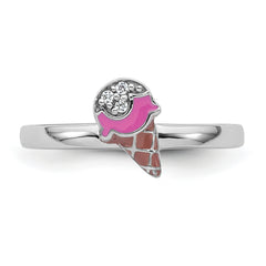 Sterling Silver Rhodium-plated Children's Size 4 Pink and Brown Enamel with CZ Ice Cream Cone Ring