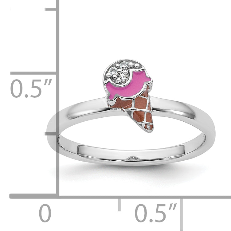 Sterling Silver Rhodium-plated Children's Size 4 Pink and Brown Enamel with CZ Ice Cream Cone Ring