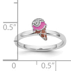 Sterling Silver Rhodium-plated Children's Size 4 Pink and Brown Enamel with CZ Ice Cream Cone Ring