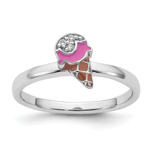 Sterling Silver Rhodium-Plated Children's Pink and Brown Enamel with CZ Ice Cream Cone Ring - Sophia Jewelers
