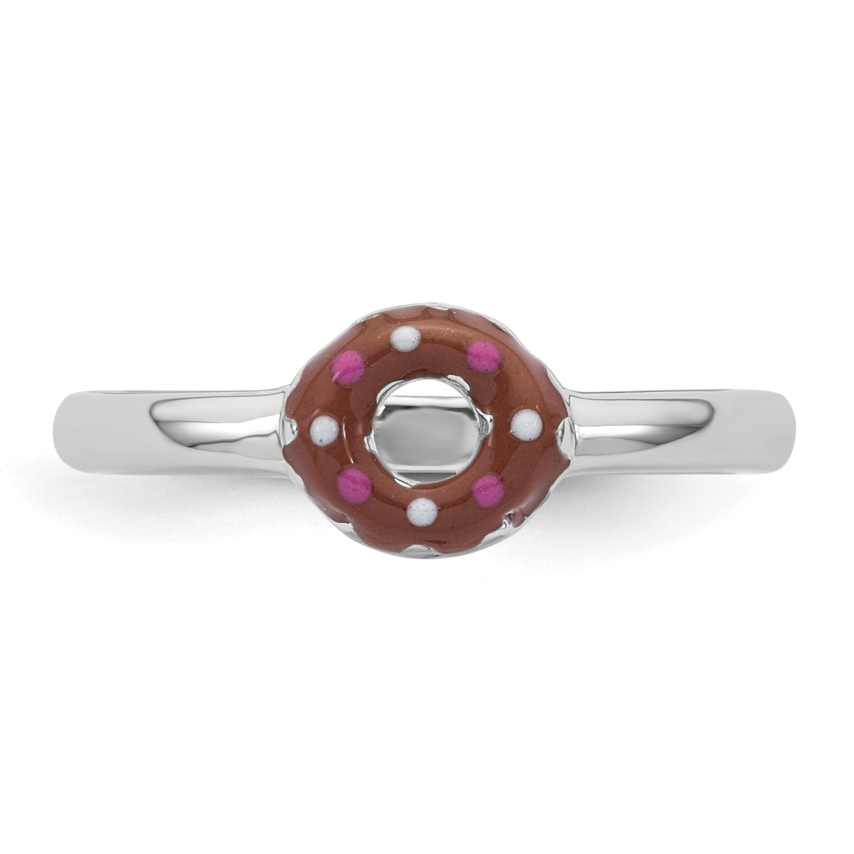 Sterling Silver Rhodium-plated Children's Size 4 Brown with Pink and White Enamel Sprinkled Donut Ring