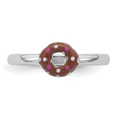 Sterling Silver Rhodium-plated Children's Size 4 Brown with Pink and White Enamel Sprinkled Donut Ring