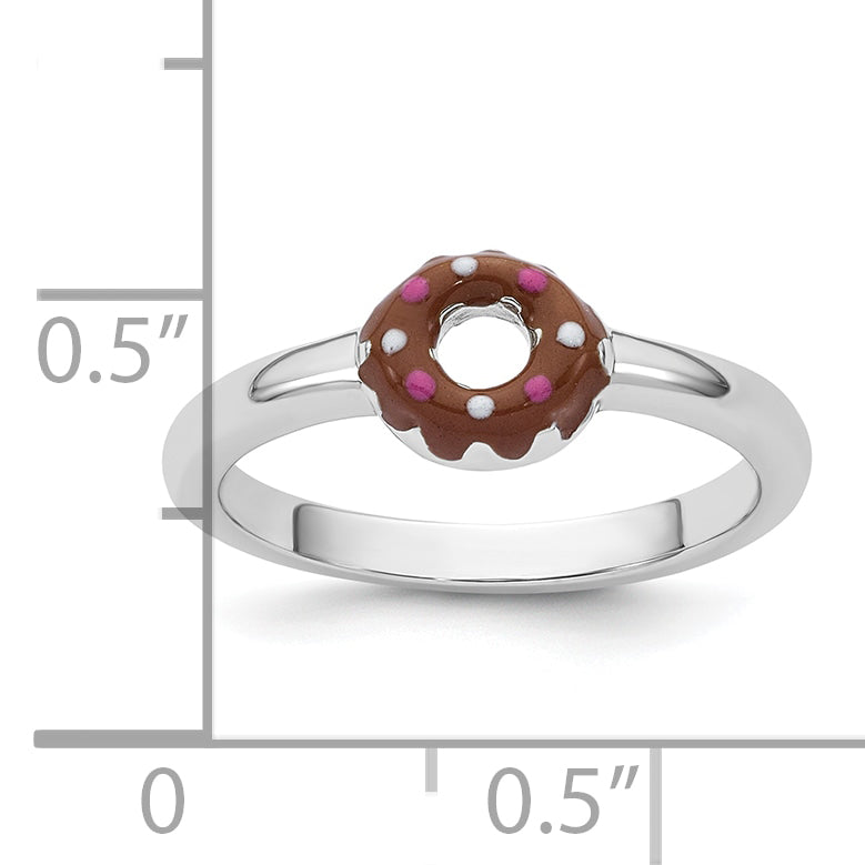 Sterling Silver Rhodium-plated Children's Size 4 Brown with Pink and White Enamel Sprinkled Donut Ring