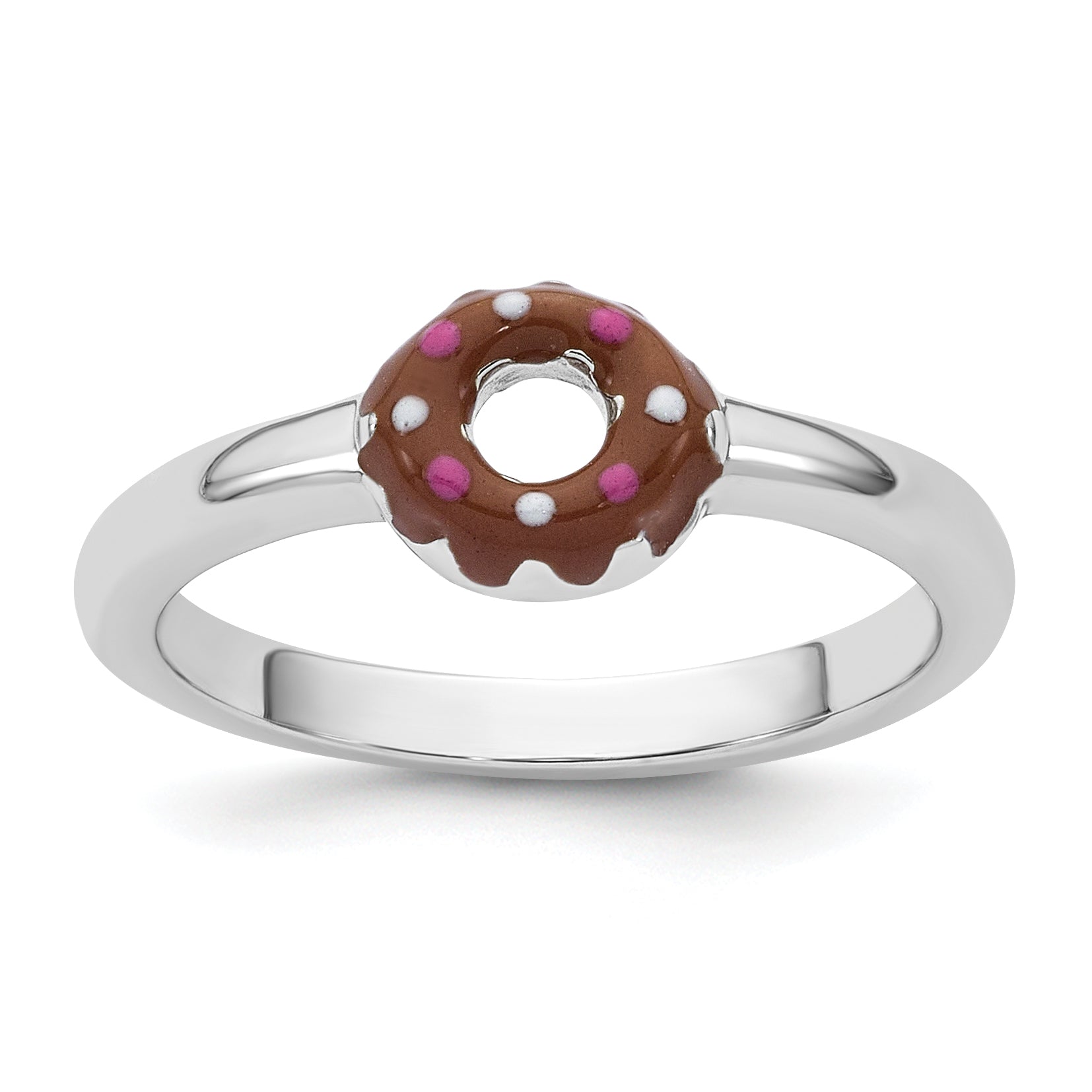 Sterling Silver Rhodium-plated Children's Size 4 Brown with Pink and White Enamel Sprinkled Donut Ring