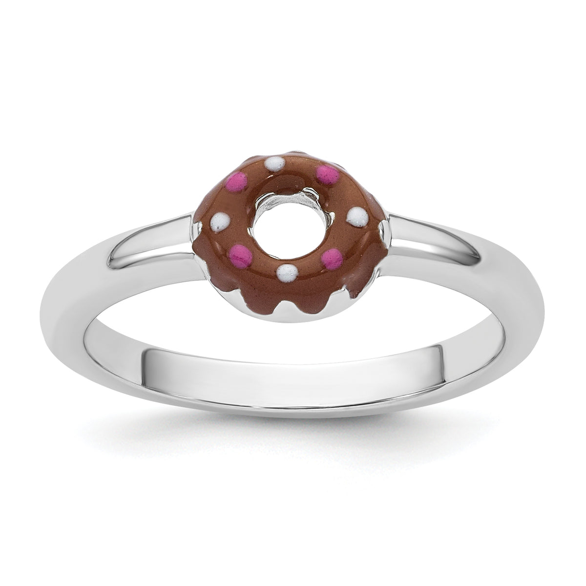 Sterling Silver Rhodium-plated Children's Size 4 Brown with Pink and White Enamel Sprinkled Donut Ring