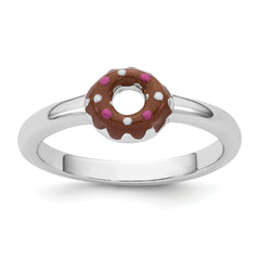 Sterling Silver Rhodium-plated Children's Size 4 Brown with Pink and White Enamel Sprinkled Donut Ring