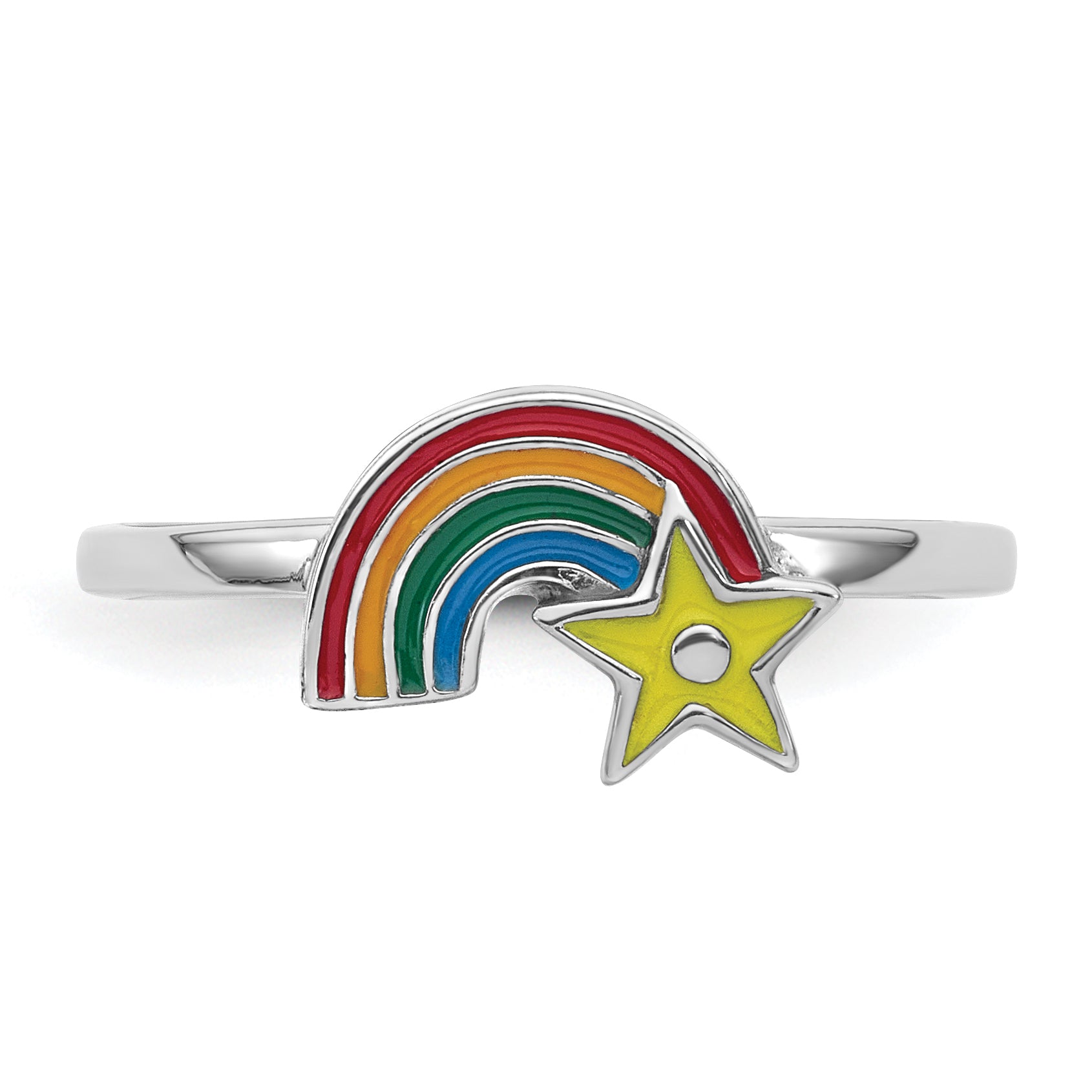 Sterling Silver Rhodium-plated Children's Size 4 Multicolored Enameled Rainbow with Star Ring