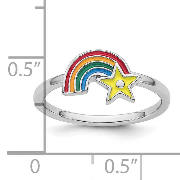 Sterling Silver Rhodium-plated Children's Size 4 Multicolored Enameled Rainbow with Star Ring