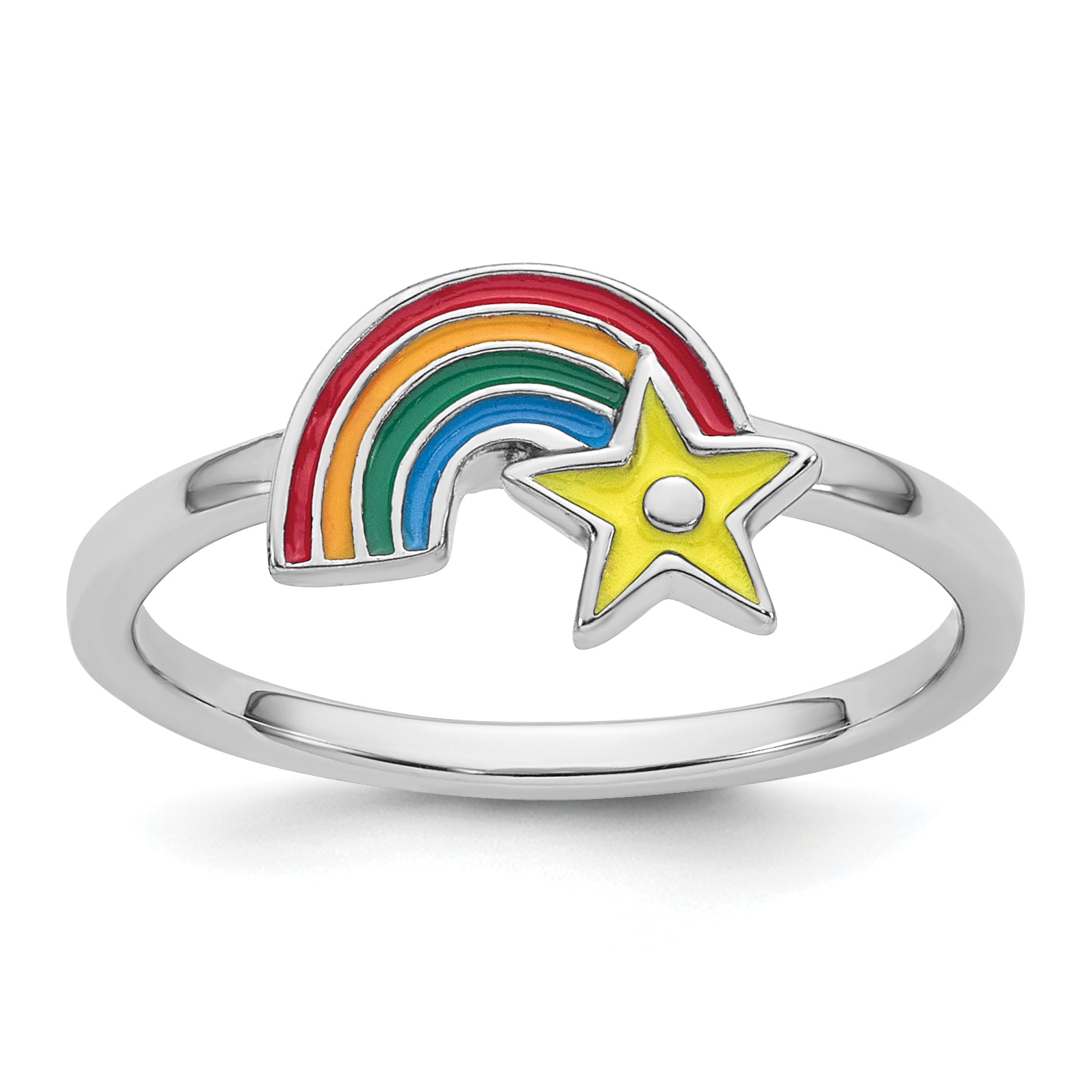 Sterling Silver Rhodium-plated Children's Size 4 Multicolored Enameled Rainbow with Star Ring