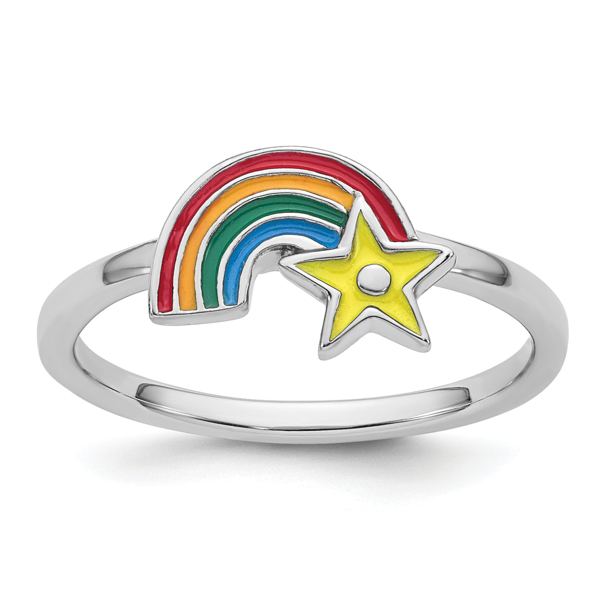 Sterling Silver Rhodium-plated Children's Size 4 Multicolored Enameled Rainbow with Star Ring