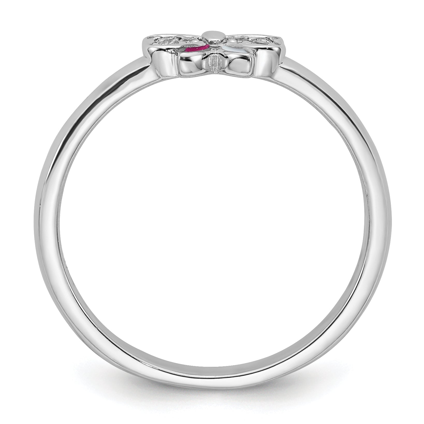 Sterling Silver Rhodium-plated Children's Size 3 Pink CZ with Pink and White Enamel Bow Ring Secondary image