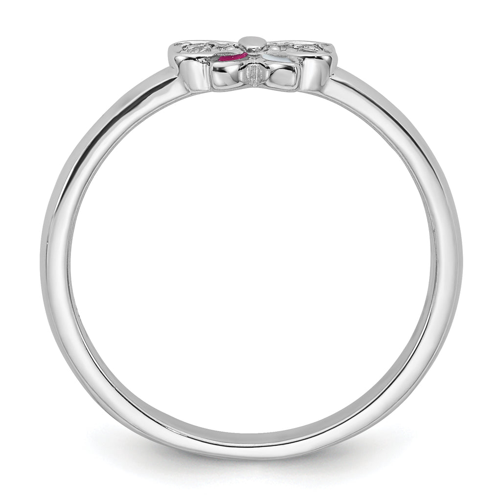 Sterling Silver Rhodium-plated Children's Size 4 Pink CZ with Pink and White Enamel Bow Ring