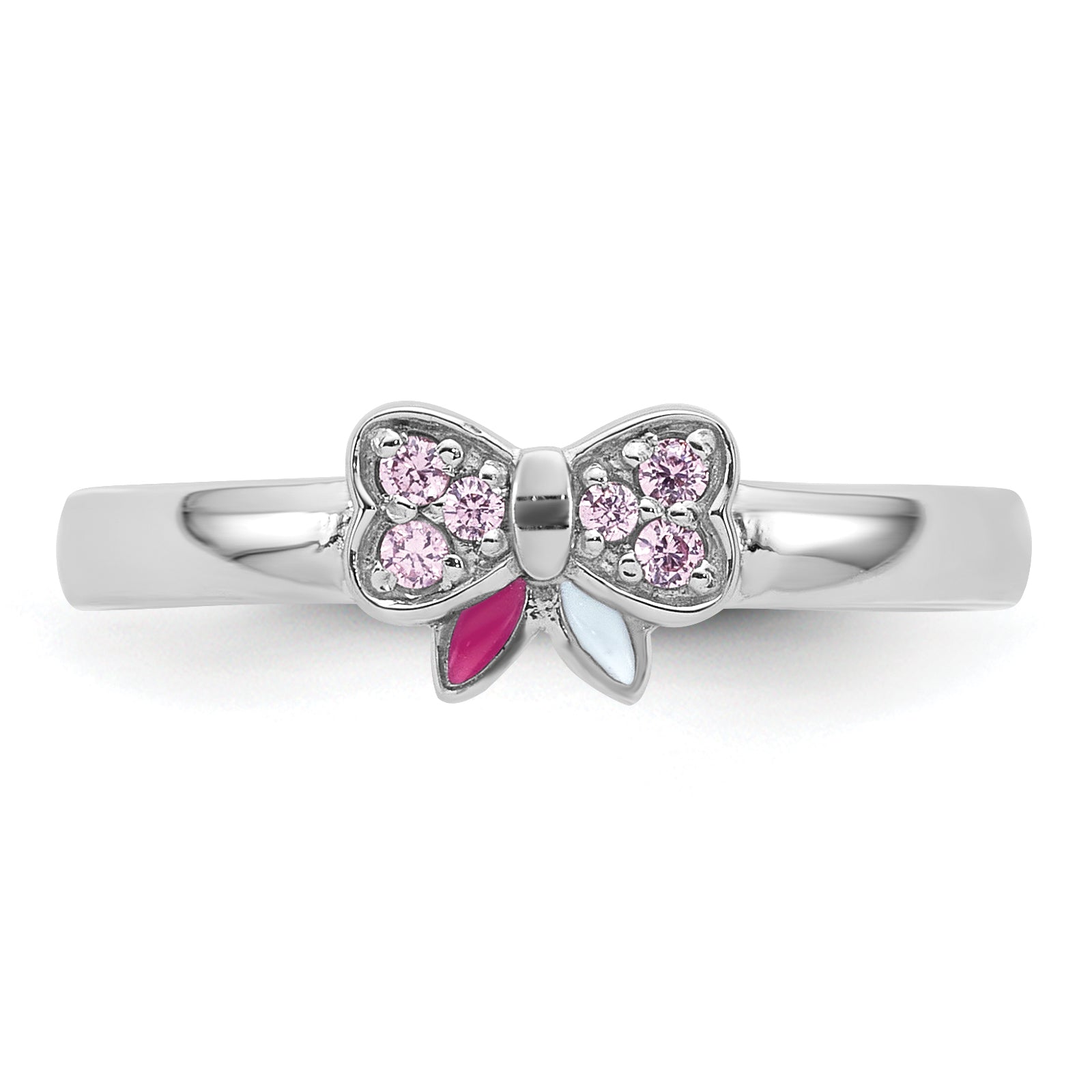 Sterling Silver Rhodium-plated Children's Size 4 Pink CZ with Pink and White Enamel Bow Ring