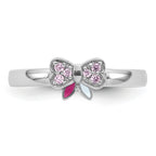 Sterling Silver Rhodium-plated Children's Size 4 Pink CZ with Pink and White Enamel Bow Ring
