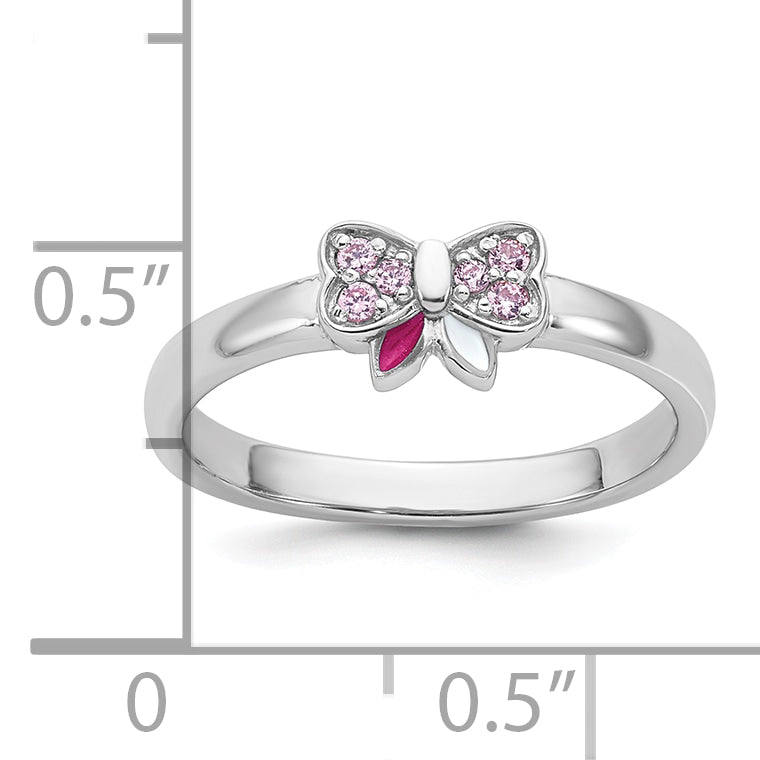 Sterling Silver Rhodium-plated Children's Size 4 Pink CZ with Pink and White Enamel Bow Ring