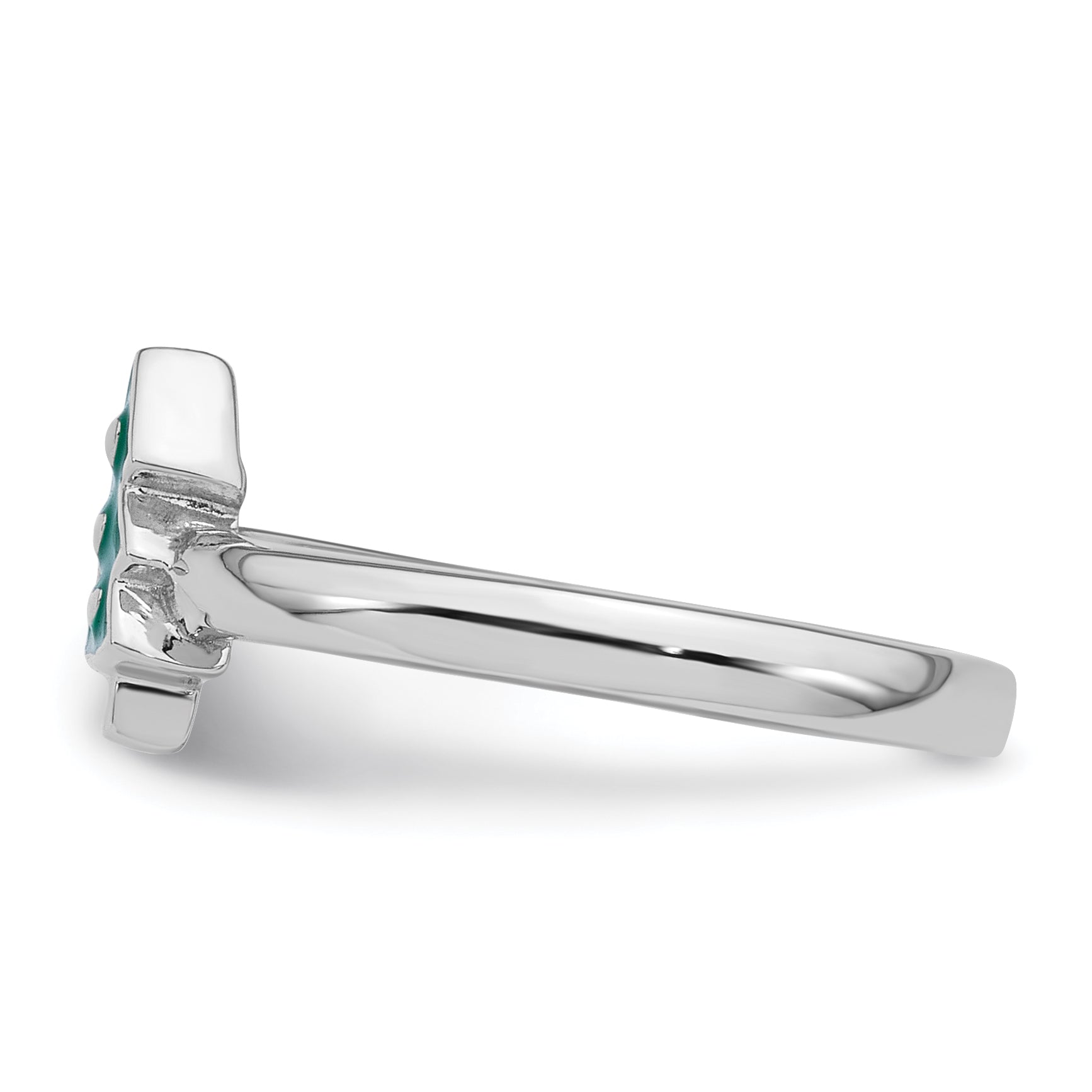 Sterling Silver Rhodium-plated Children's Size 4 Green Enamel Christmas Tree with Hearts Ring