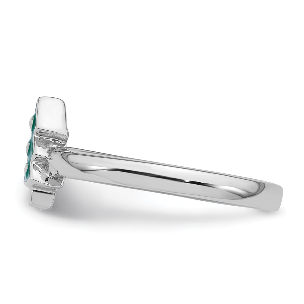 Sterling Silver Rhodium-plated Children's Size 4 Green Enamel Christmas Tree with Hearts Ring