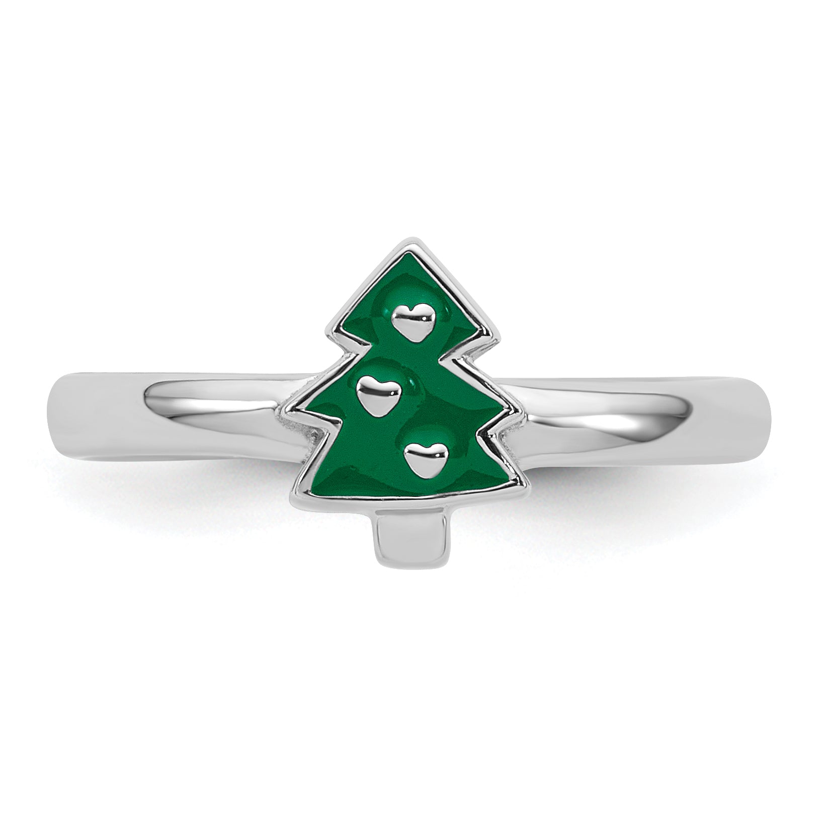 Sterling Silver Rhodium-plated Children's Size 4 Green Enamel Christmas Tree with Hearts Ring