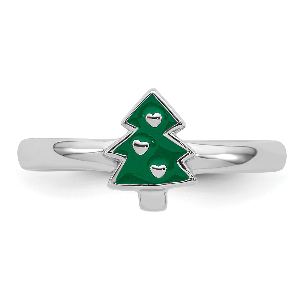 Sterling Silver Rhodium-plated Children's Size 4 Green Enamel Christmas Tree with Hearts Ring