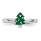 Sterling Silver Rhodium-plated Children's Size 4 Green Enamel Christmas Tree with Hearts Ring