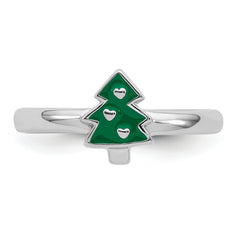 Sterling Silver Rhodium-plated Children's Size 4 Green Enamel Christmas Tree with Hearts Ring