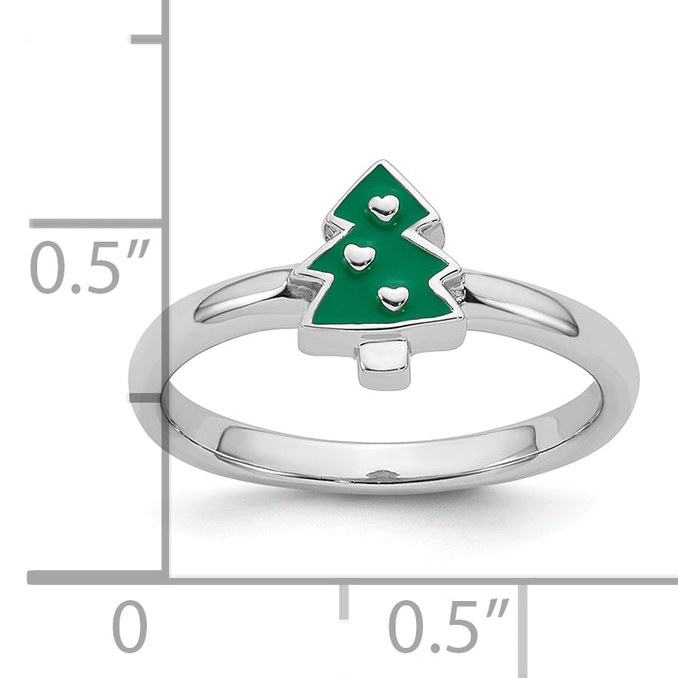 Sterling Silver Rhodium-plated Children's Size 4 Green Enamel Christmas Tree with Hearts Ring
