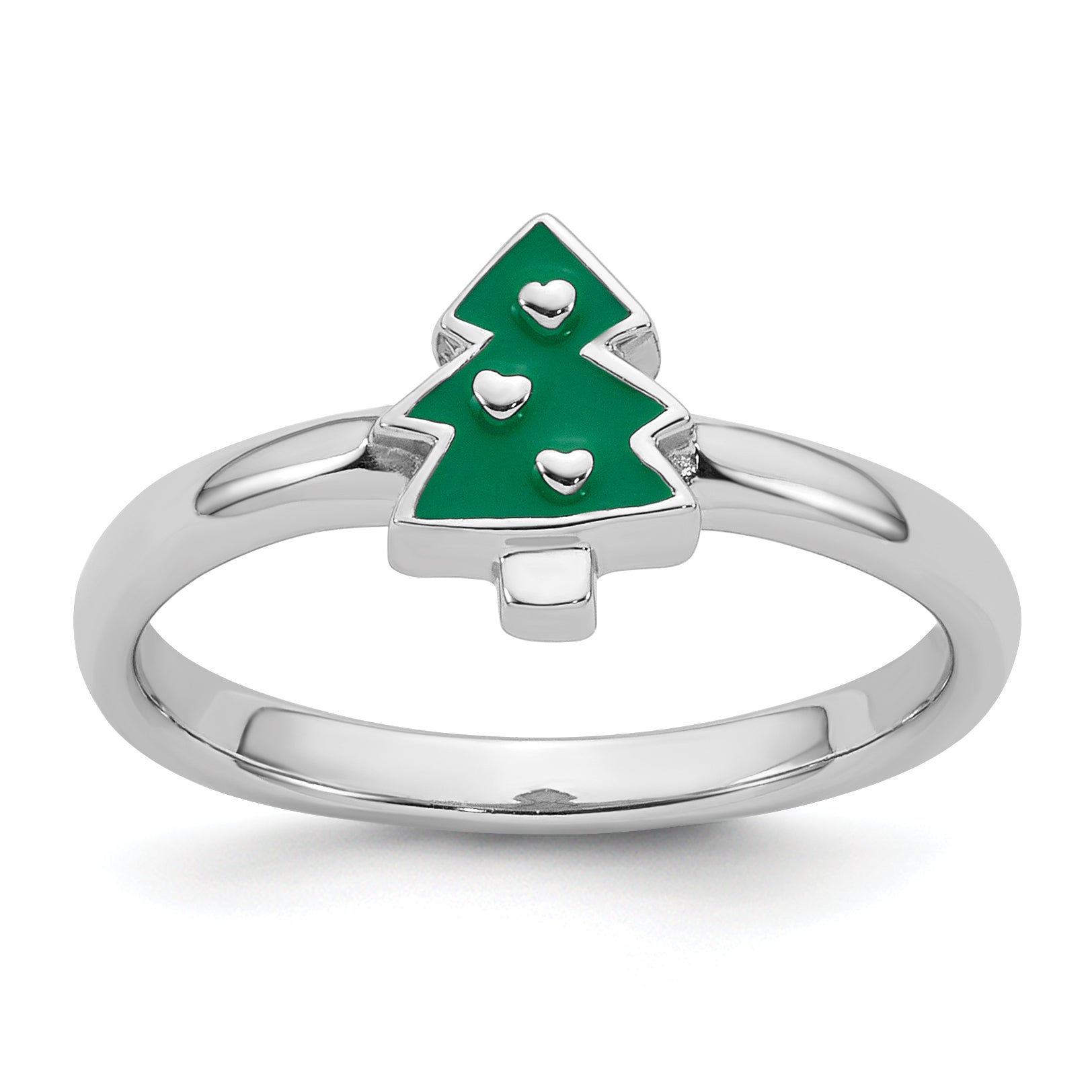 Sterling Silver Rhodium-plated Children's Size 4 Green Enamel Christmas Tree with Hearts Ring Main image