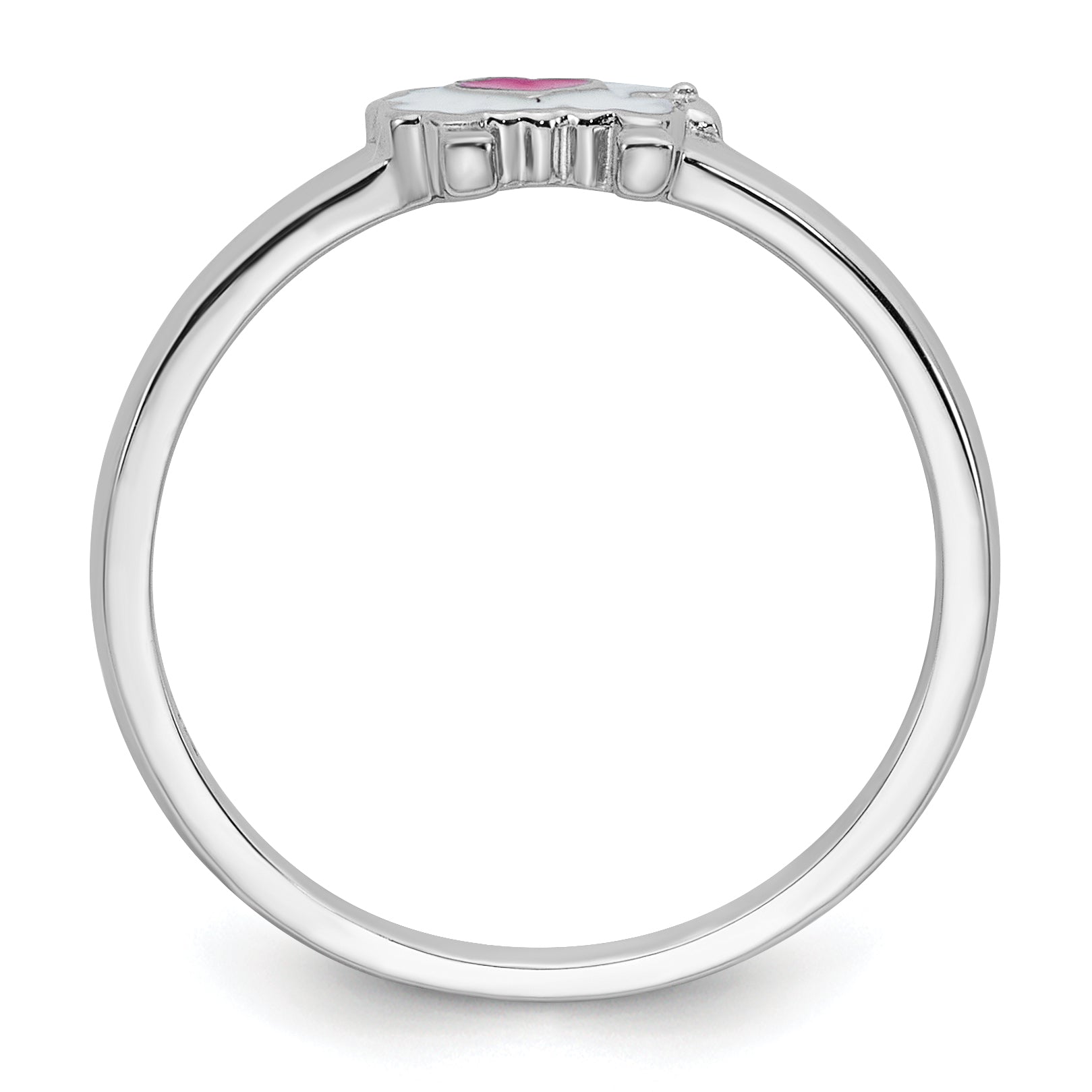 Sterling Silver Rhodium-plated Children's Size 3 White and Pink Enamel Sheep with Heart Ring Secondary image