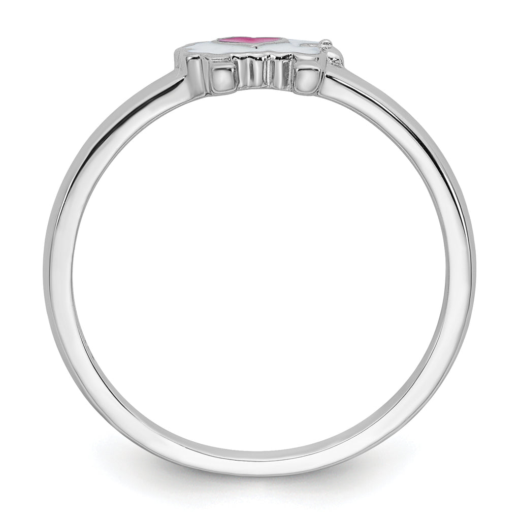 Sterling Silver Rhodium-plated Children's Size 4 White and Pink Enamel Sheep with Heart Ring
