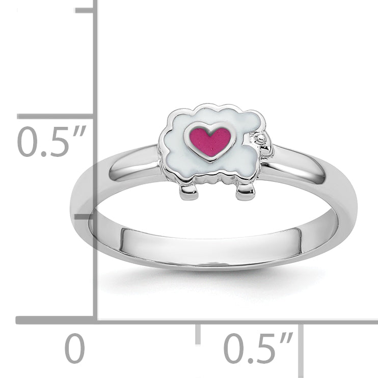Sterling Silver Rhodium-plated Children's Size 4 White and Pink Enamel Sheep with Heart Ring