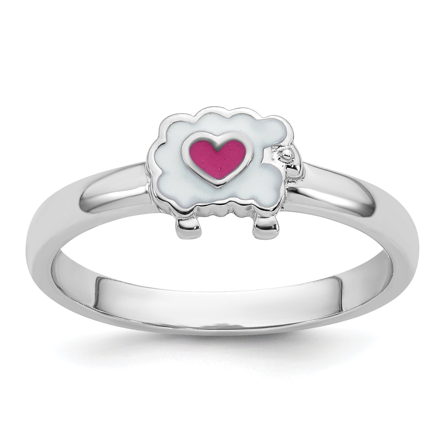 Sterling Silver Rhodium-plated Children's Size 4 White and Pink Enamel Sheep with Heart Ring Main image