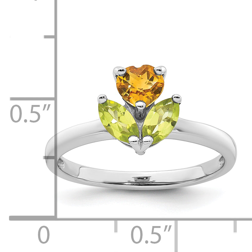 Sterling Silver Rhodium-plated Polished Heart Citrine and Peridot Flower Ring