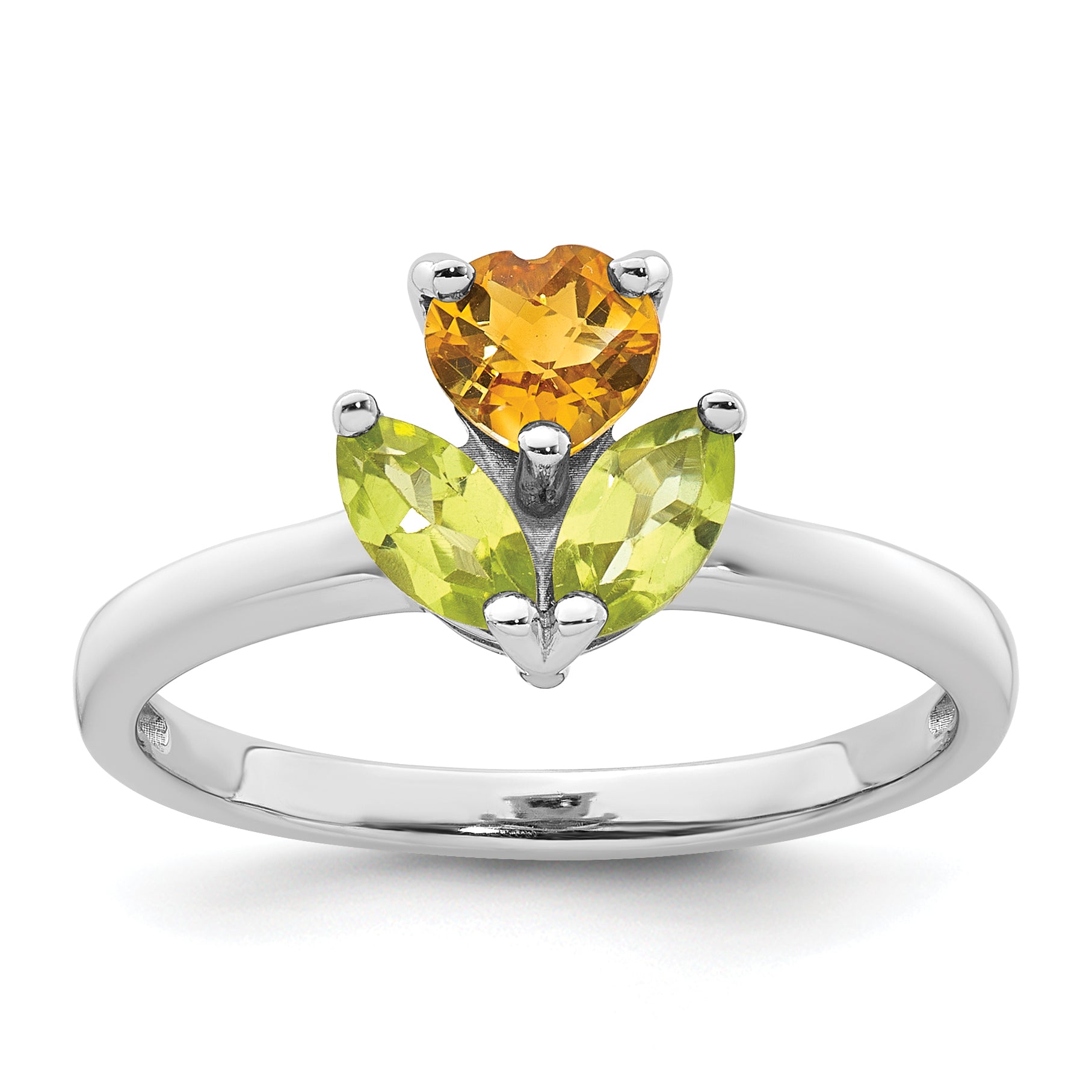 Sterling Silver Rhodium-plated Polished Heart Citrine and Peridot Flower Ring Main image