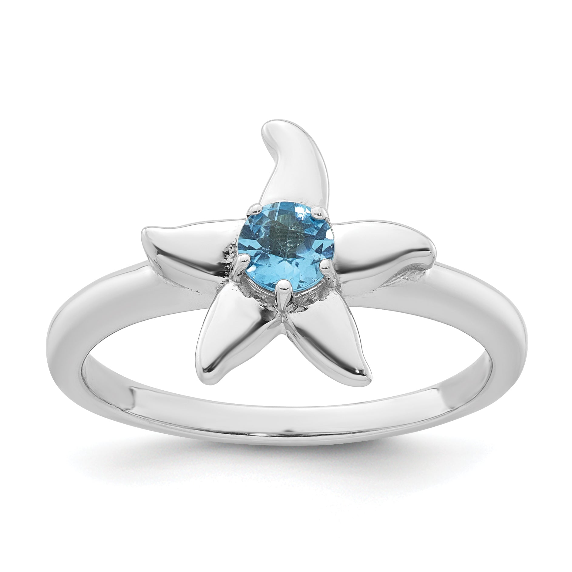 Sterling Silver Rhodium-plated Polished Round Light Swiss Blue Topaz Starfish Ring Main image