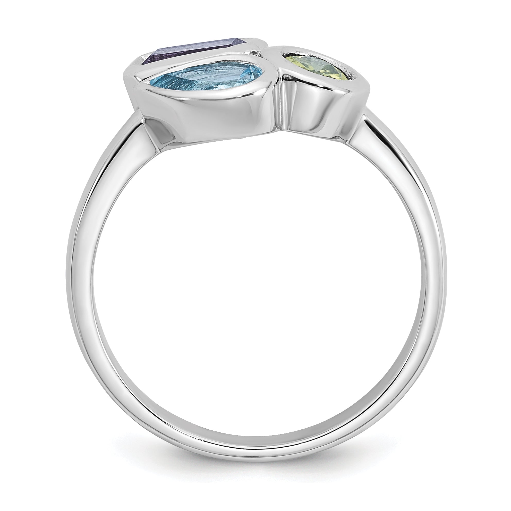 Sterling Silver Rhodium-plated Polished Pear Blue Topaz, Oval Peridot and Emerald-cut Amethyst Size 6 Ring Secondary image