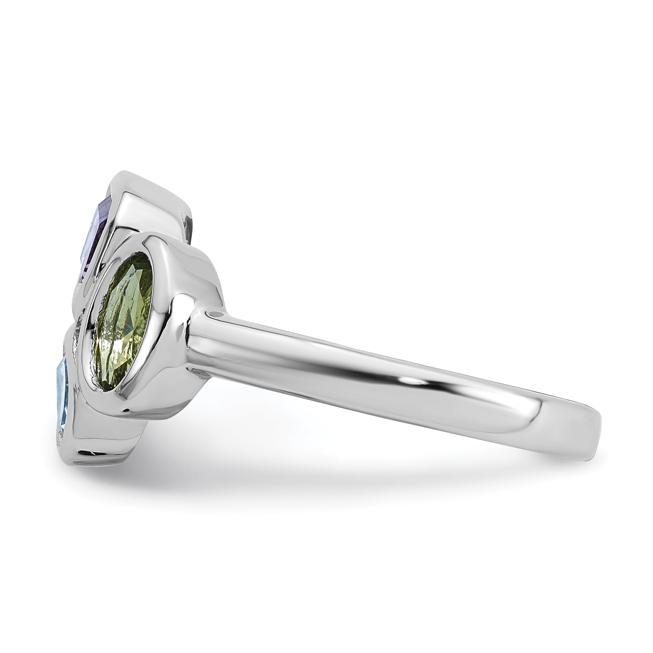 Sterling Silver Rhodium-plated Polished Pear Blue Topaz, Oval Peridot and Emerald-cut Amethyst Size 8 Ring