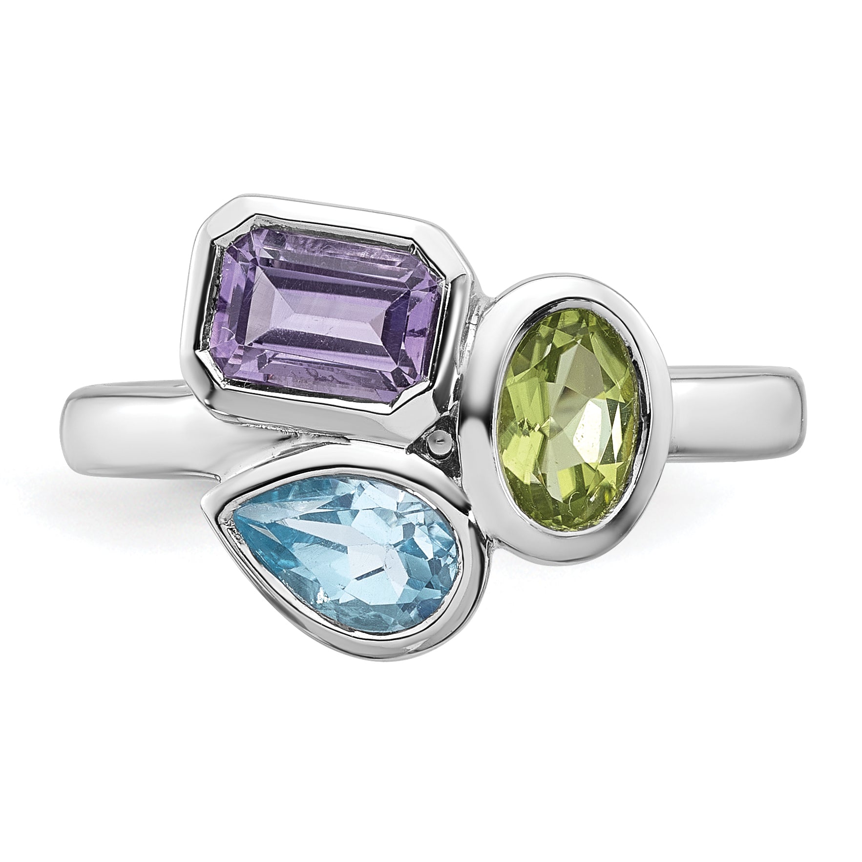 Sterling Silver Rhodium-plated Polished Pear Blue Topaz, Oval Peridot and Emerald-cut Amethyst Size 8 Ring