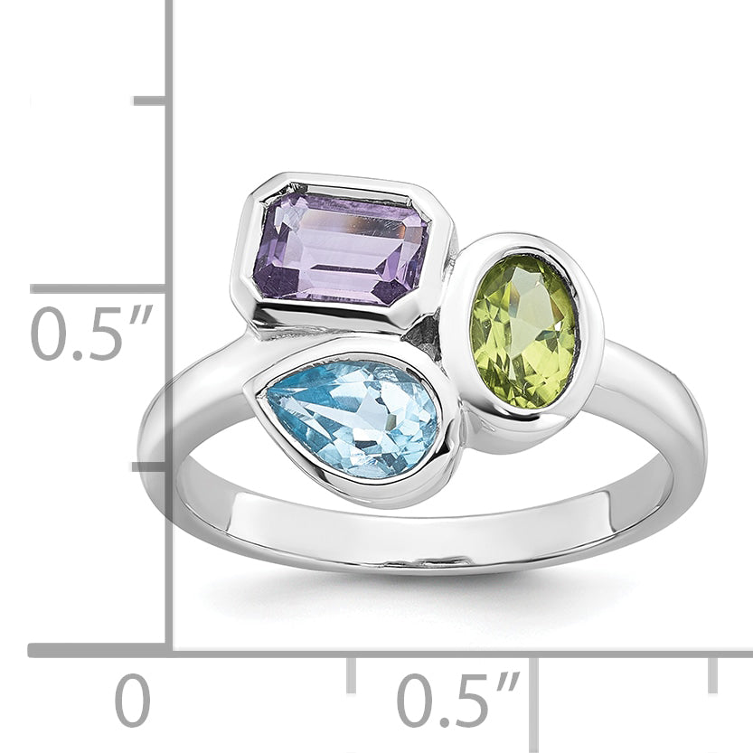 Sterling Silver Rhodium-plated Polished Pear Blue Topaz, Oval Peridot and Emerald-cut Amethyst Size 8 Ring