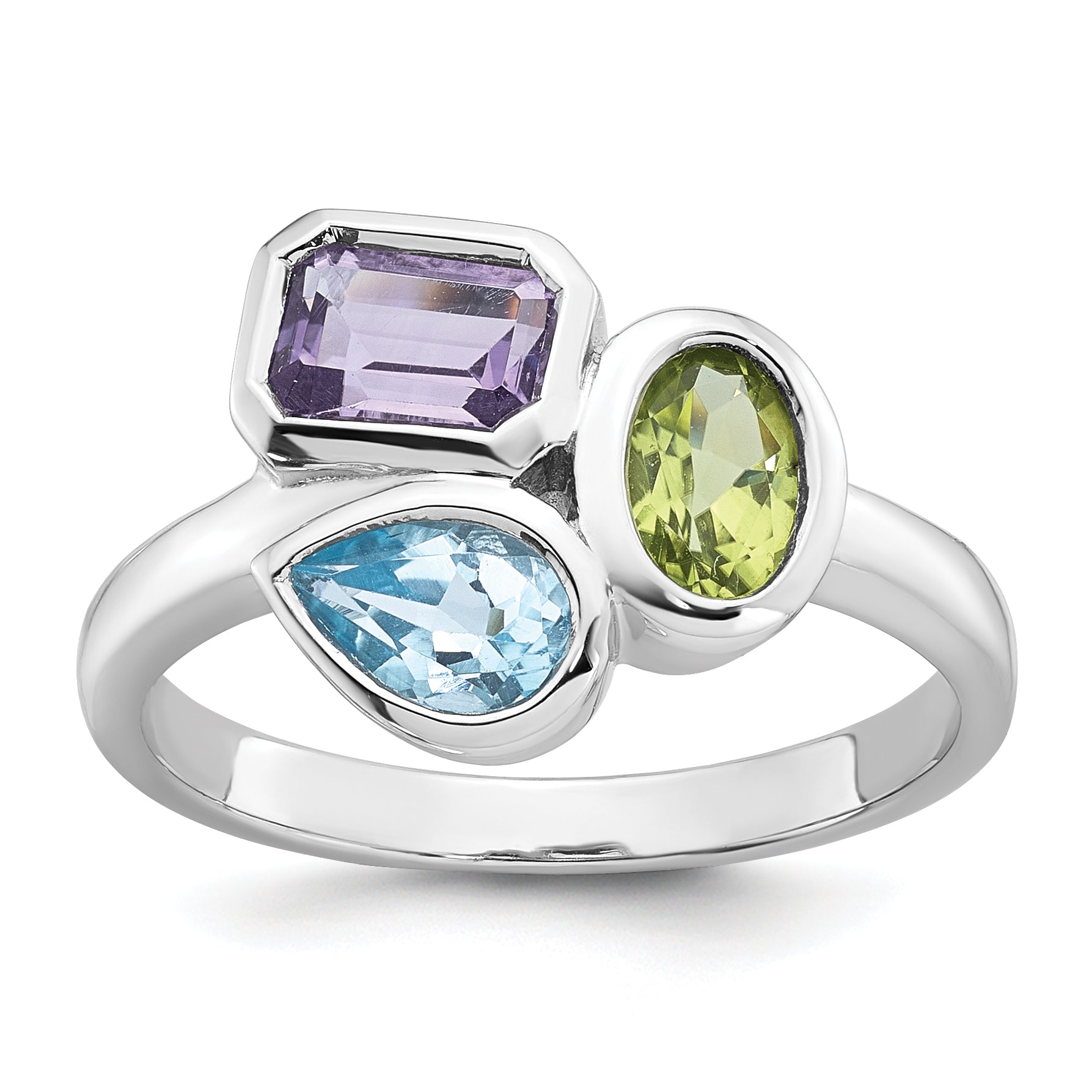 Sterling Silver Rhodium-plated Polished Pear Blue Topaz, Oval Peridot and Emerald-cut Amethyst Size 8 Ring Main image